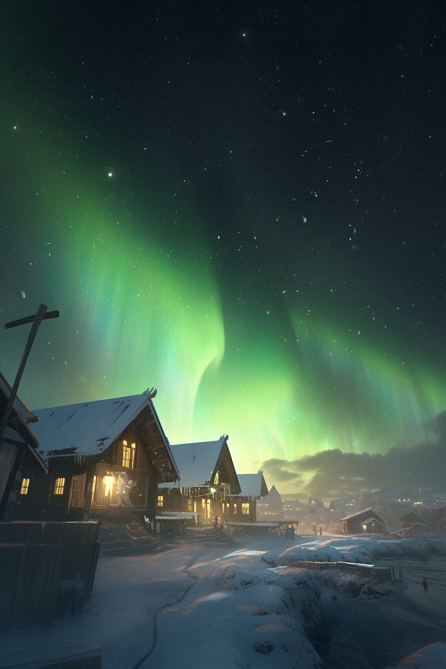A Snow-Covered Village with a Beautiful Aurora Borealis View