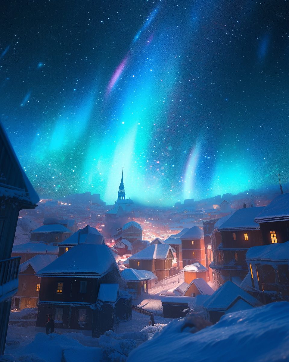 A Snow-Covered Village with a Beautiful Aurora Borealis View