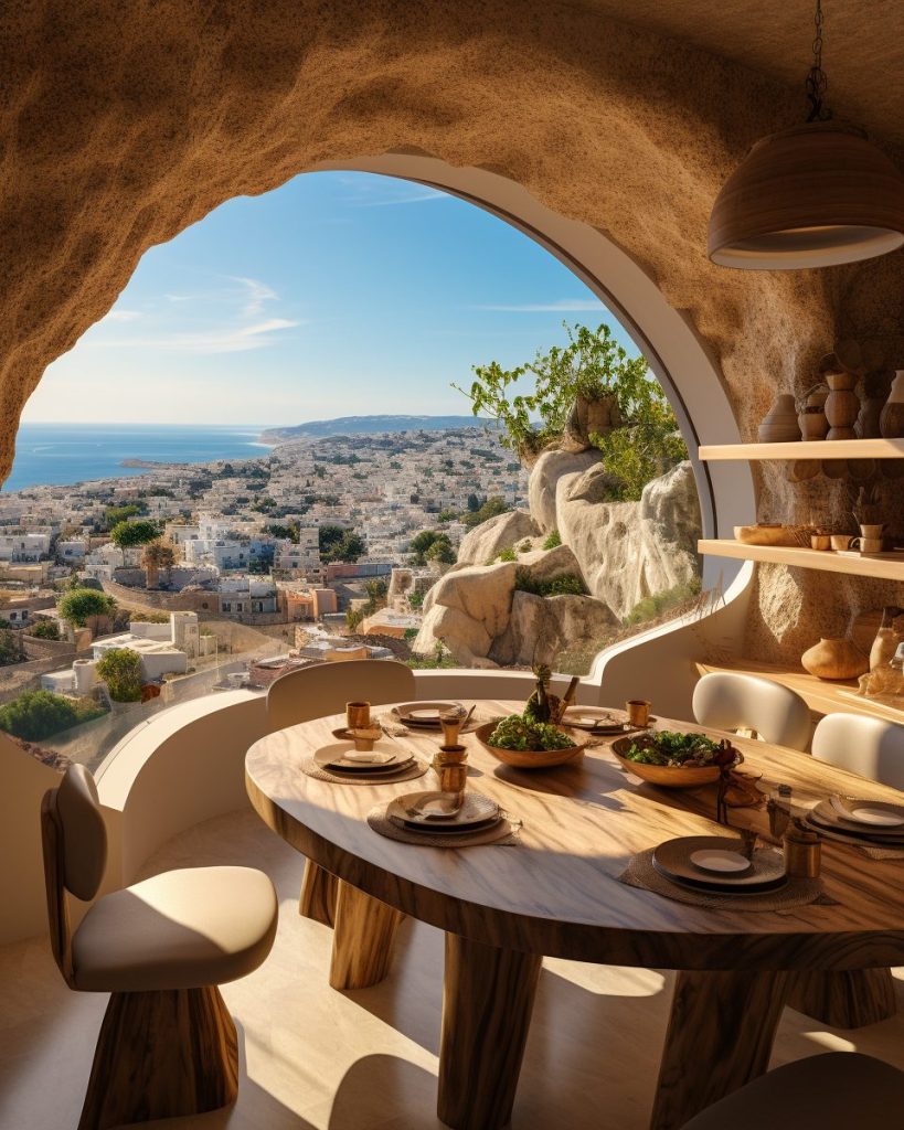 Dining Room with Stone Accents and Mediterranean Coastal View AI Artwork 10