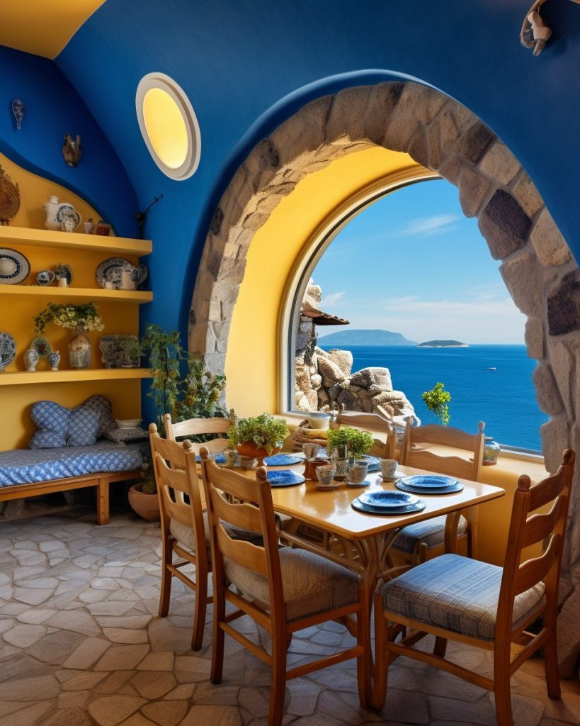 Dining Room with Stone Accents and Mediterranean Coastal View AI Artwork 23