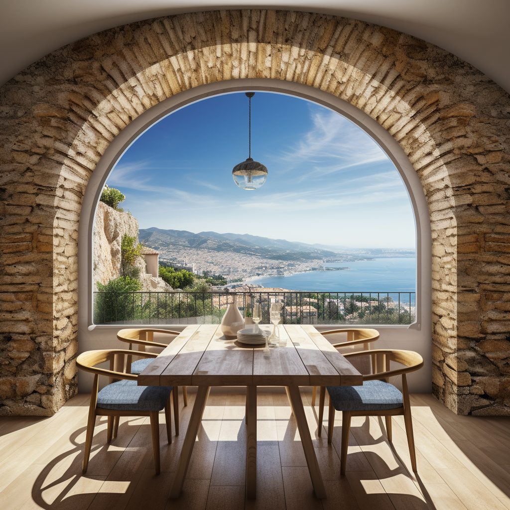 Dining Room with Stone Accents and Mediterranean Coastal View AI Artwork 26