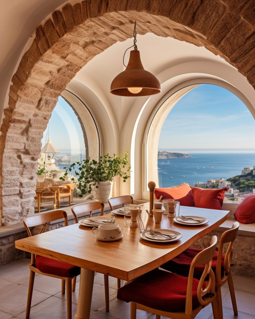 Dining Room with Stone Accents and Mediterranean Coastal View AI Artwork 29