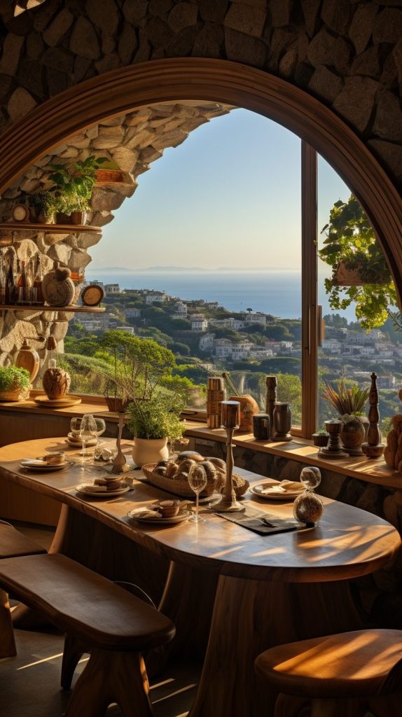 Dining Room with Stone Accents and Mediterranean Coastal View AI Artwork 3
