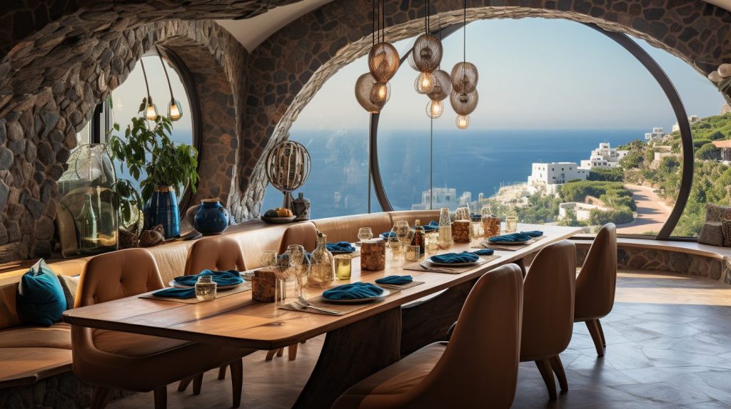 Dining Room with Stone Accents and Mediterranean Coastal View AI Artwork 8