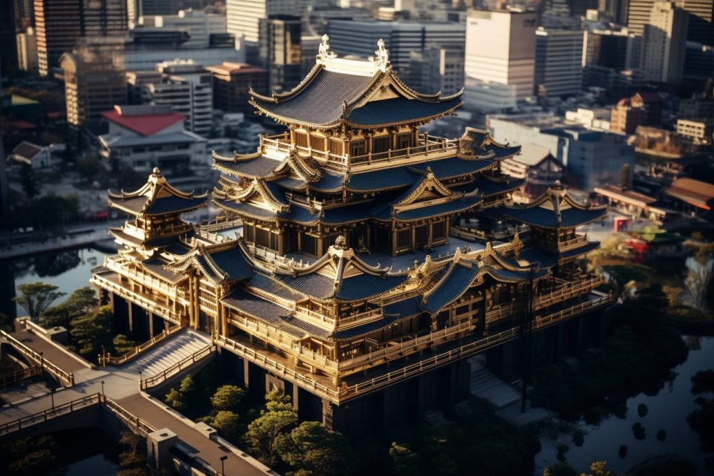 Golden Traditional Japanese Architectures with a Modern Touch AI Artwork 6