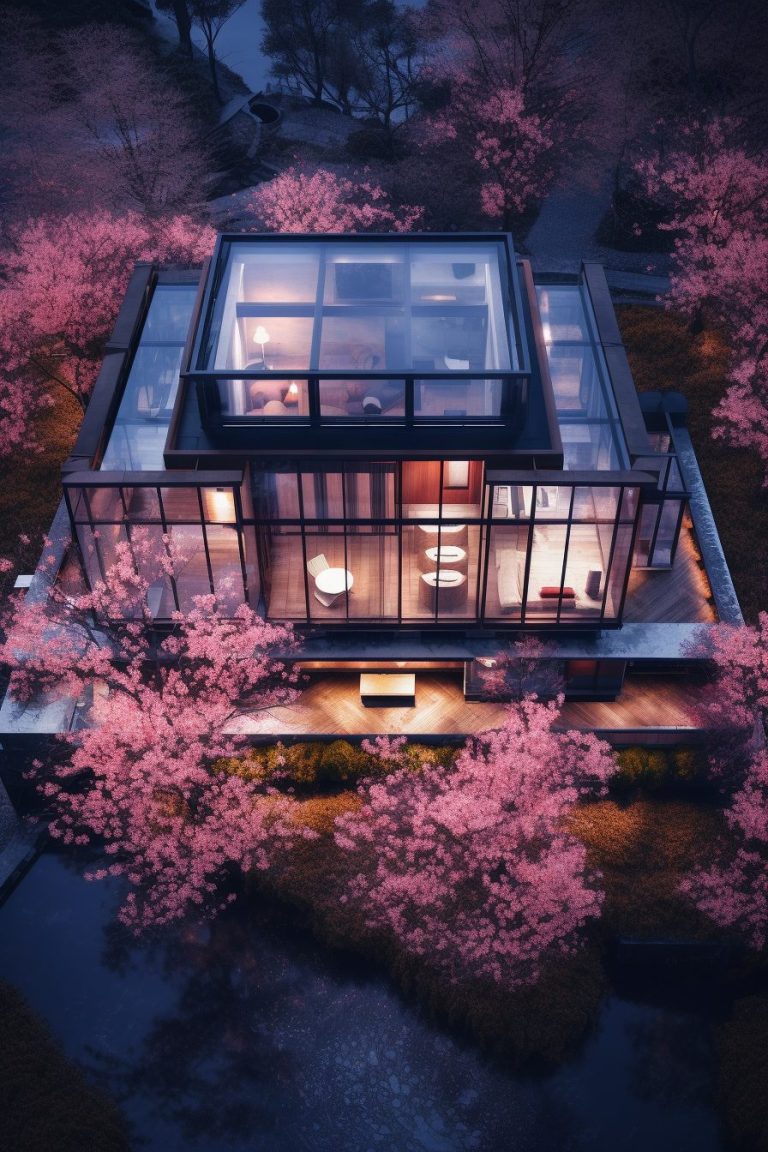 Modern Glass House with a Cherry Blossom Landscape