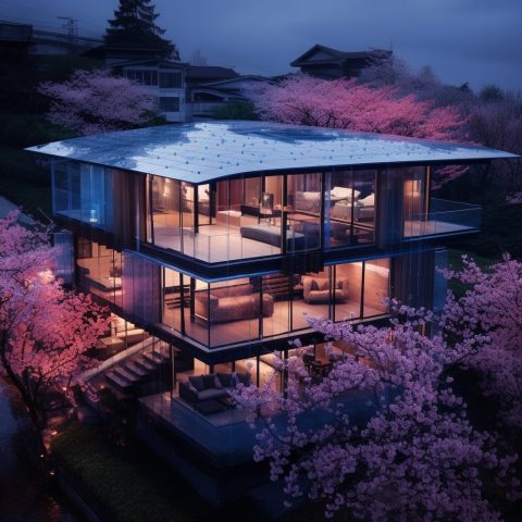Modern Glass House with a Cherry Blossom Landscape
