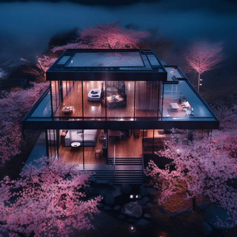 Modern Glass House with a Cherry Blossom Landscape
