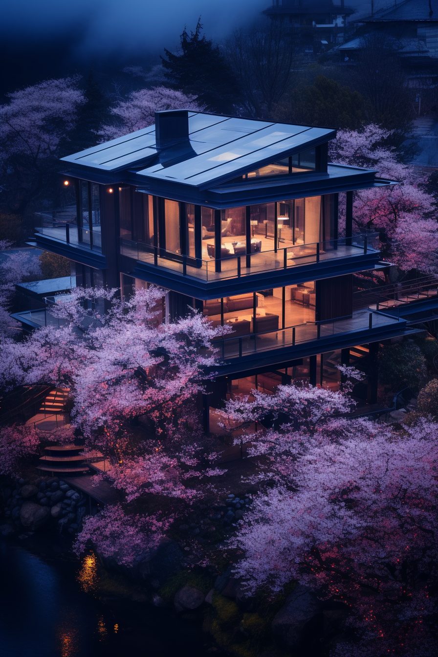 Modern Glass House with a Cherry Blossom Landscape