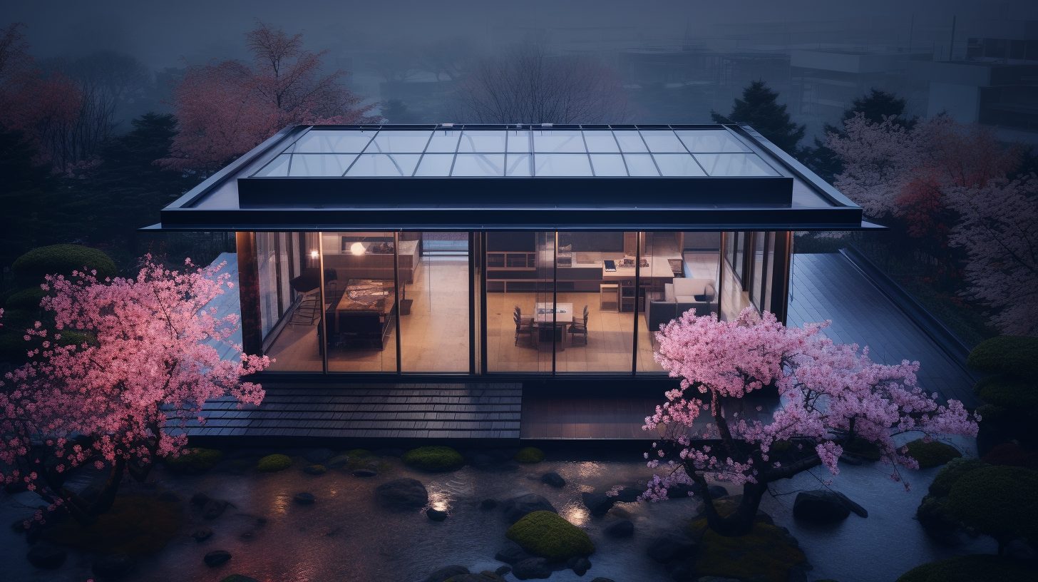 Modern Glass House with a Cherry Blossom Landscape