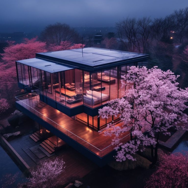 Modern Glass House with a Cherry Blossom Landscape