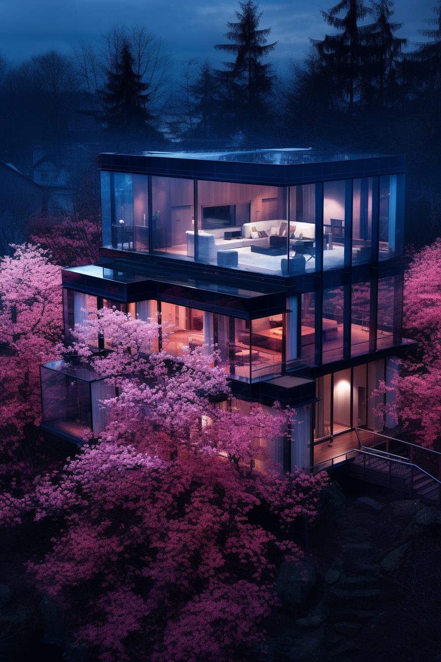 Modern Glass House with a Cherry Blossom Landscape