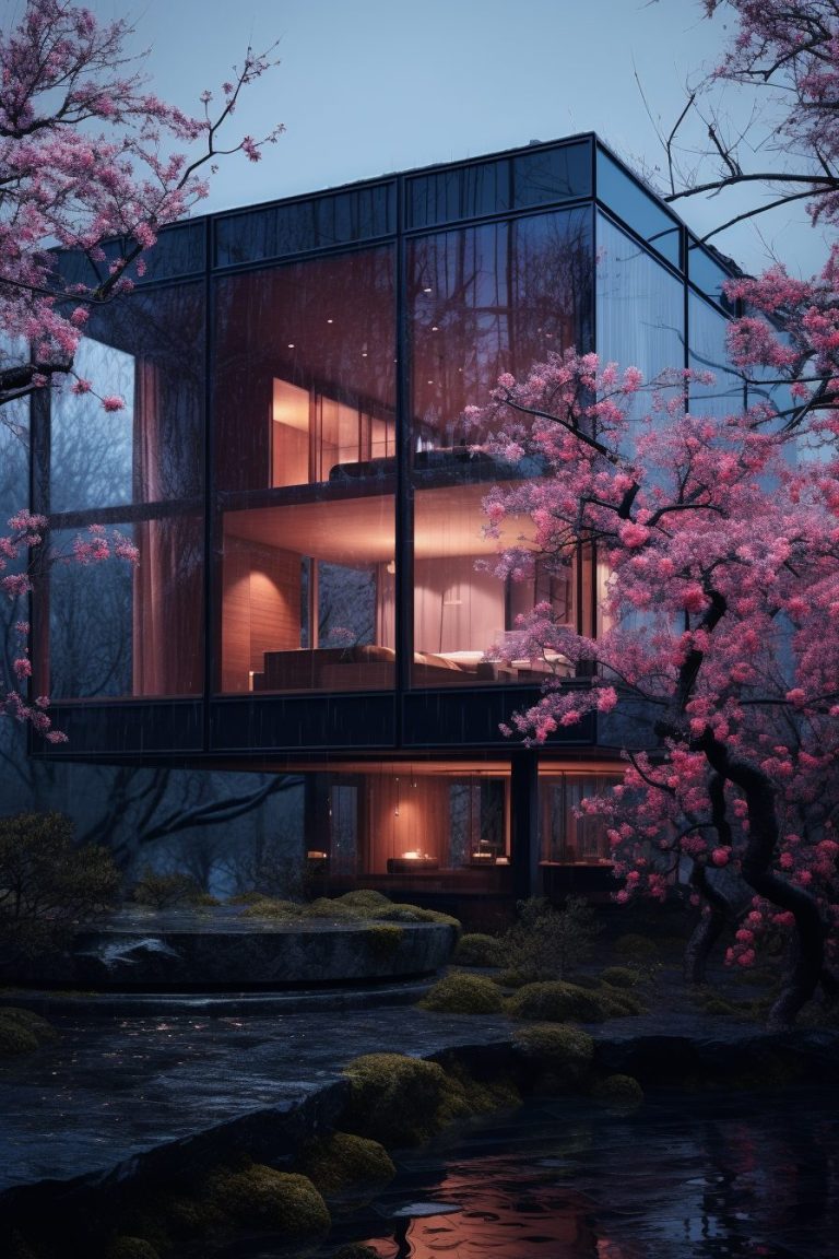 Modern Glass House with a Cherry Blossom Landscape