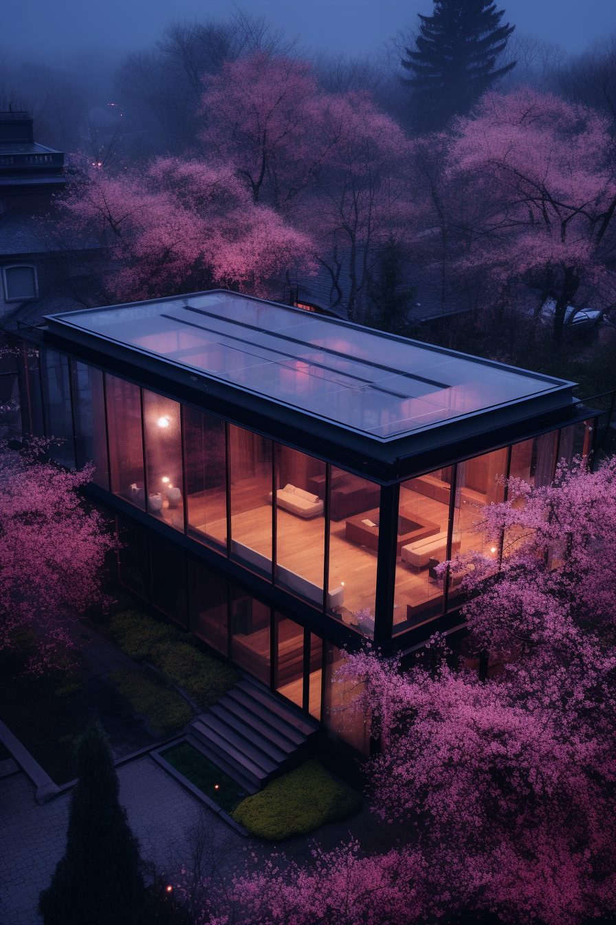 Modern Glass House with a Cherry Blossom Landscape