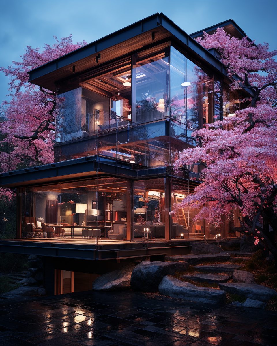 Modern Glass House with a Cherry Blossom Landscape