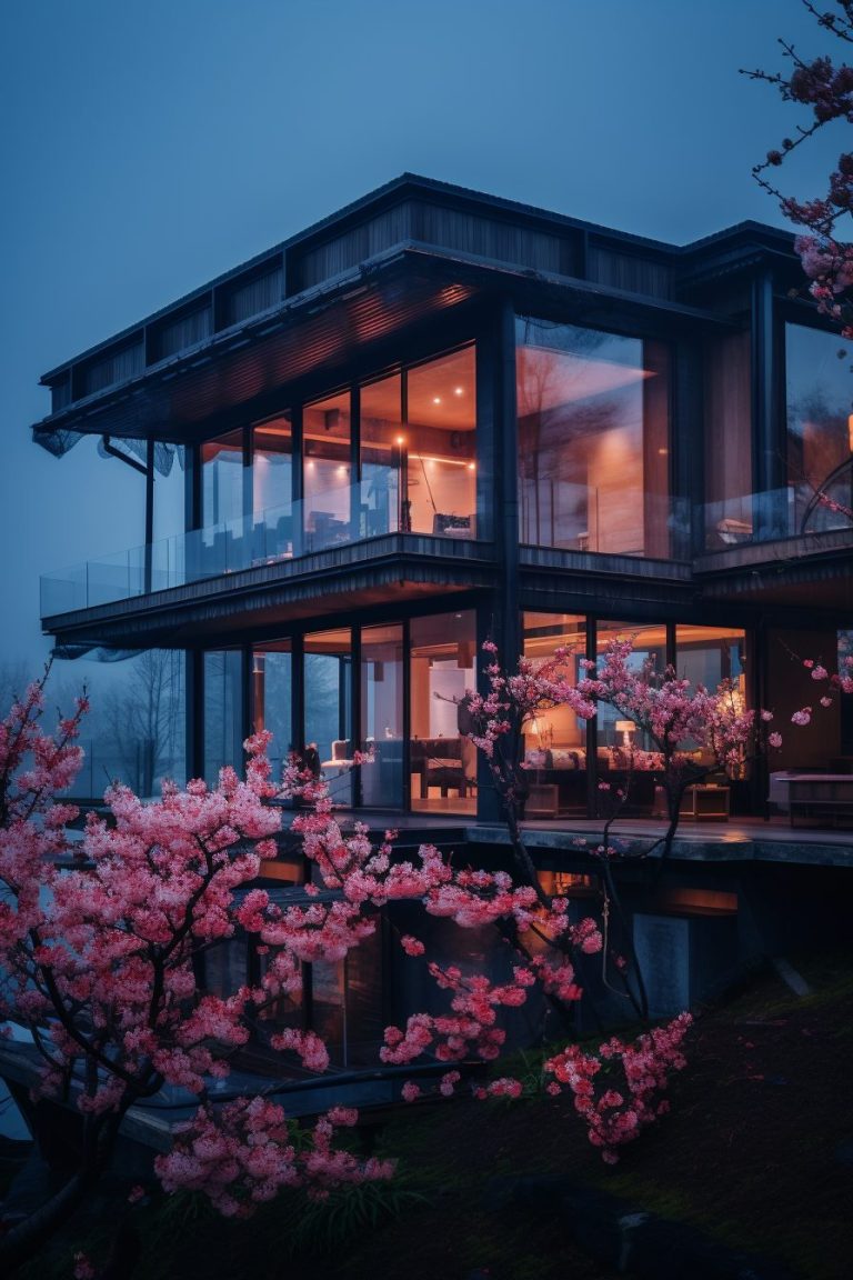 Modern Glass House with a Cherry Blossom Landscape