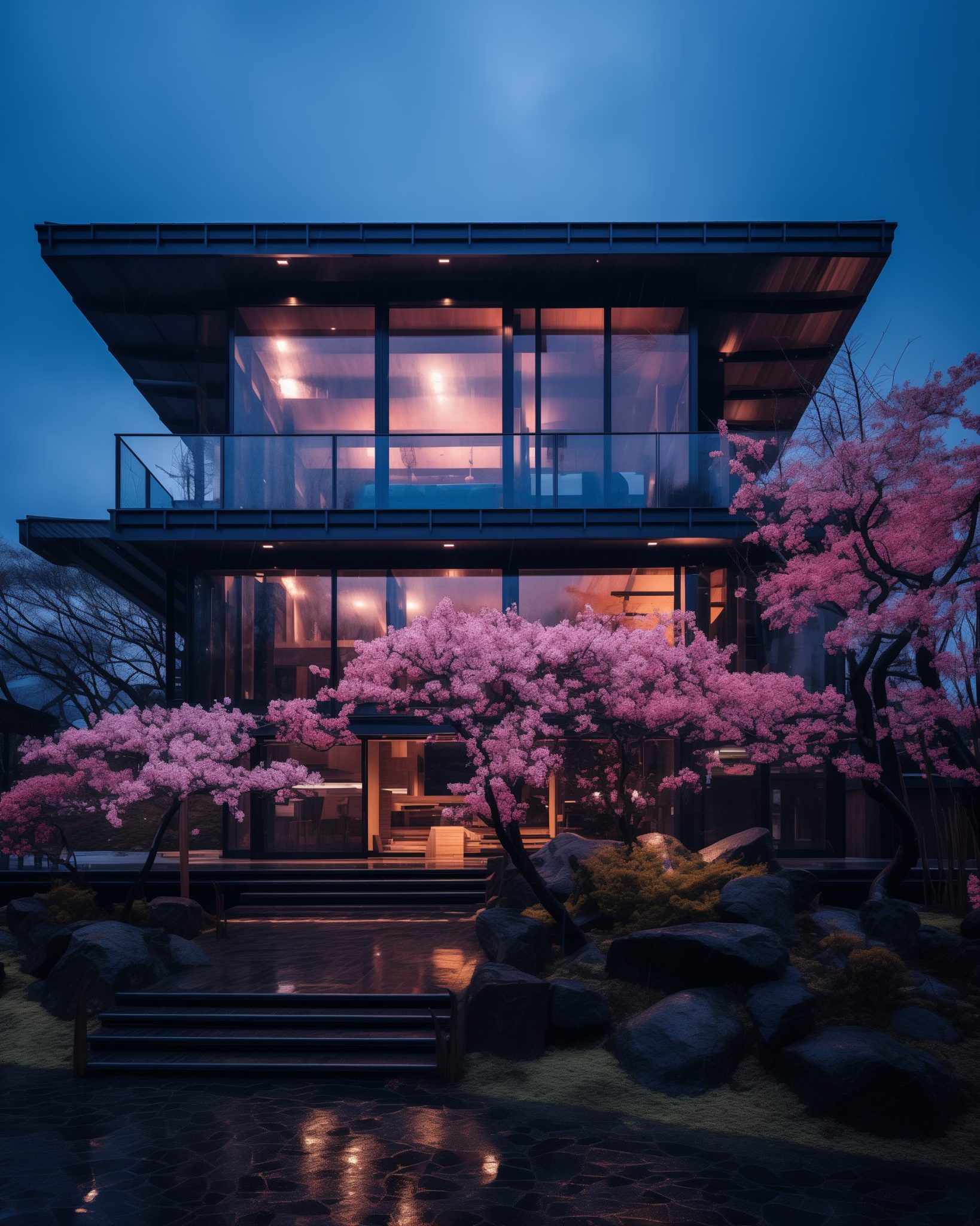 Modern Glass House with a Cherry Blossom Landscape