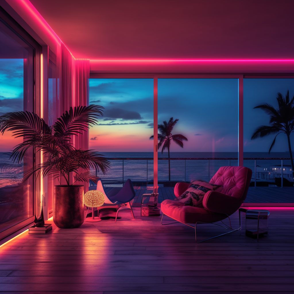Neon Beach Houses with Amazing Ocean Views AI Artwork 16