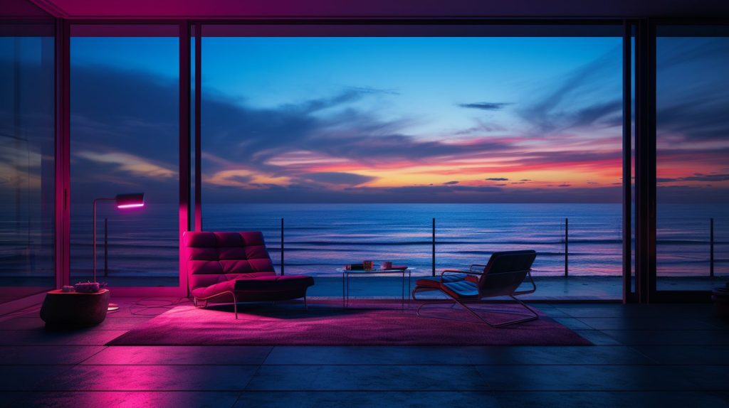 Neon Beach Houses with Amazing Ocean Views AI Artwork 18