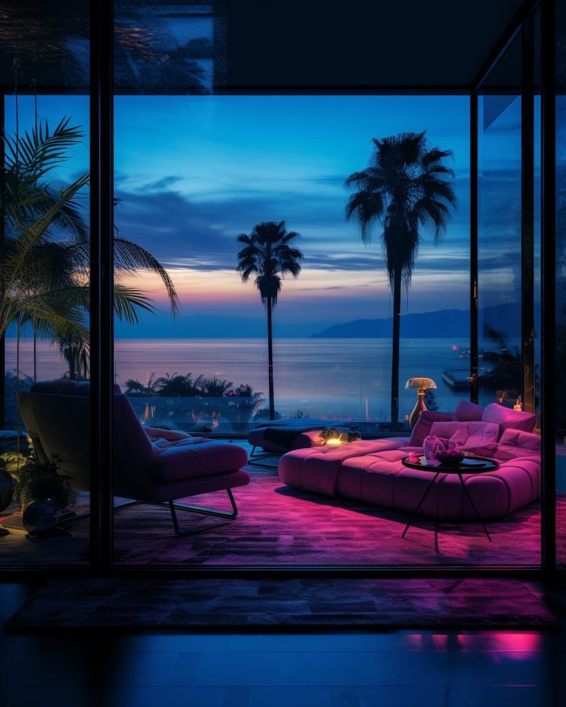Neon Beach Houses with Amazing Ocean Views AI Artwork 36