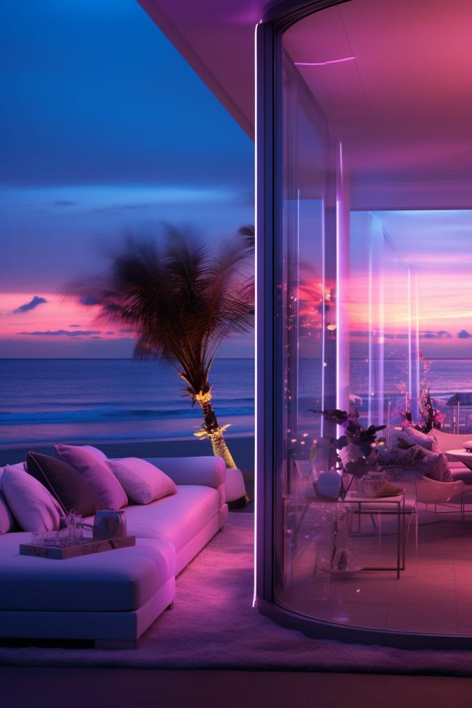 Neon Beach Houses with Amazing Ocean Views AI Artwork 39