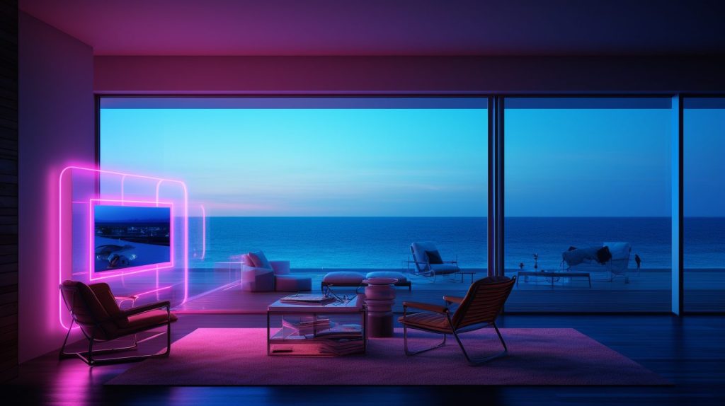 Neon Beach Houses with Amazing Ocean Views AI Artwork 4