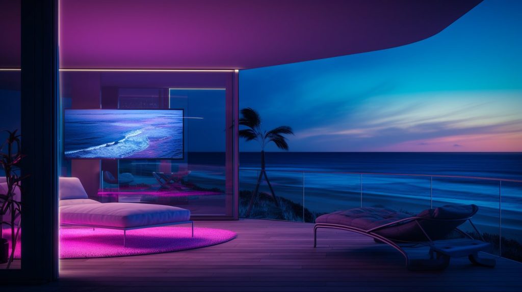 Neon Beach Houses with Amazing Ocean Views AI Artwork 8