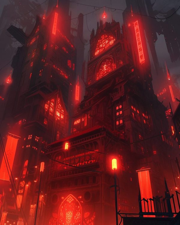 The Dark Buildings with Red Neon Lighting AI Artwork