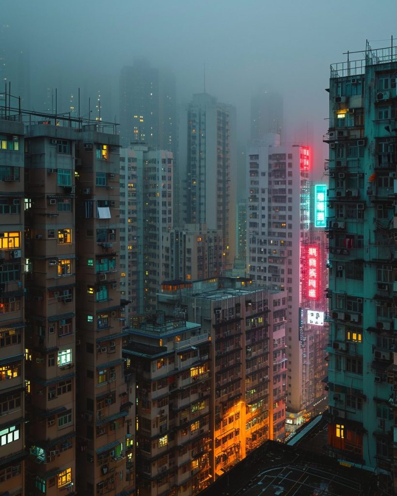Apartment Buildings in Hong Kong with Neon Signs AI Artwork 26