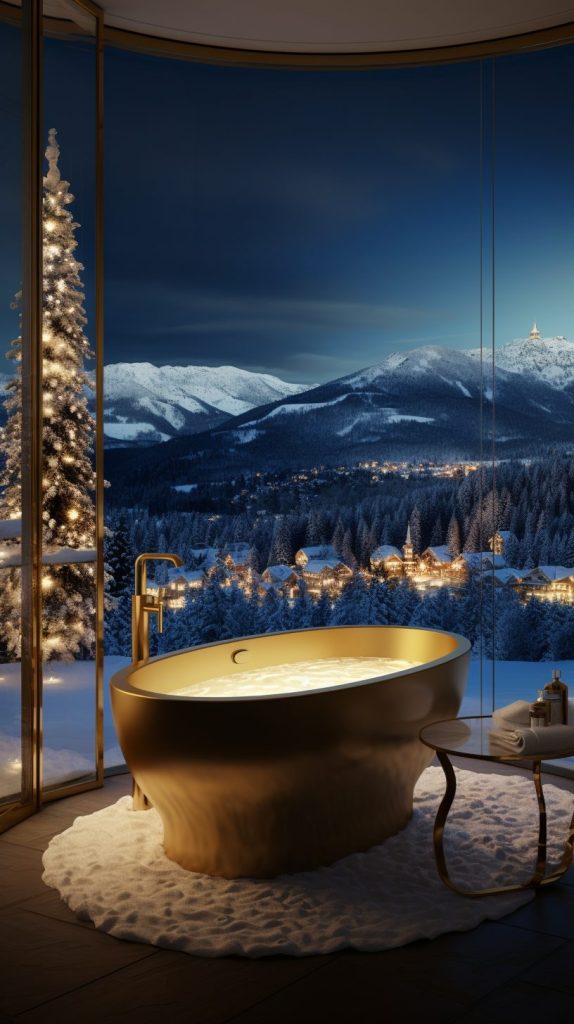 Bathrooms with Gold Accents and a Snow-Covered Landscape View AI Artwork 15