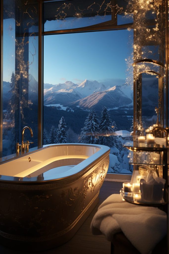 Bathrooms with Gold Accents and a Snow-Covered Landscape View AI Artwork 16
