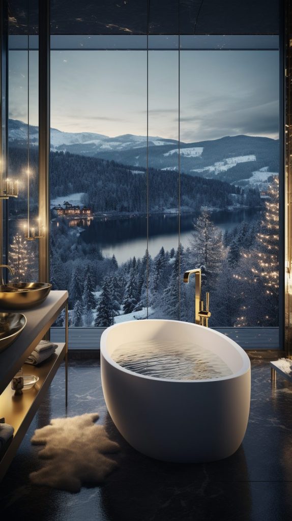 Bathrooms with Gold Accents and a Snow-Covered Landscape View AI Artwork 4