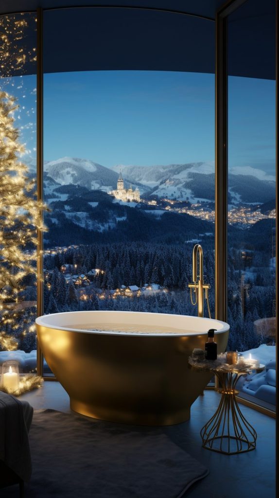Bathrooms with Gold Accents and a Snow-Covered Landscape View AI Artwork 9