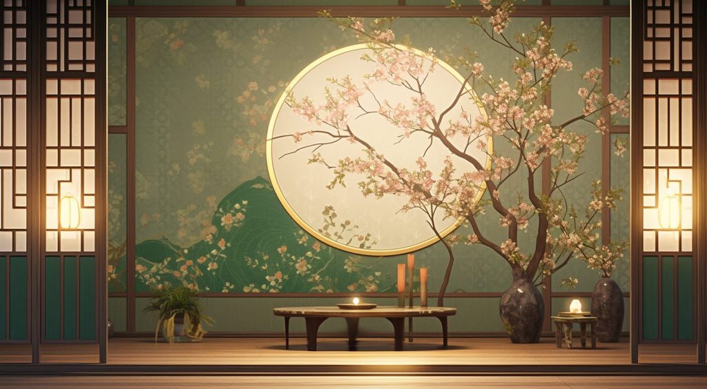 Oriental-Style Home Interior with Herringbone Accent Wall Design AI Artwork 20