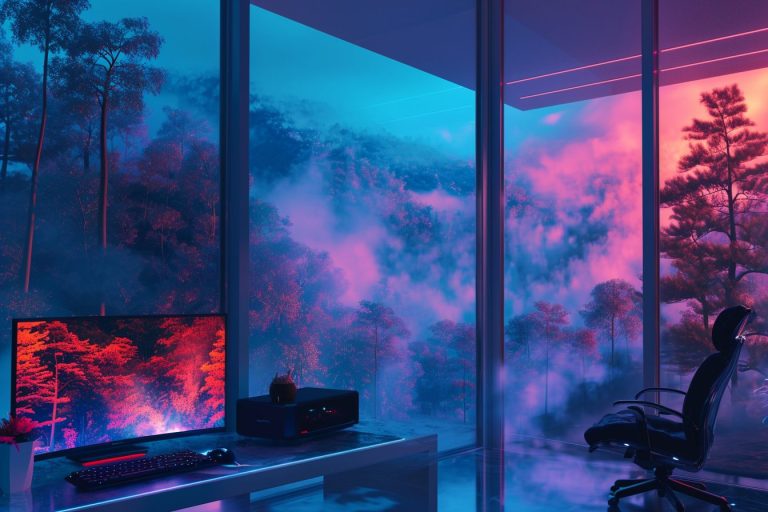 Computer Bedroom Interior with a Forest View – Cyberpunk Vibes