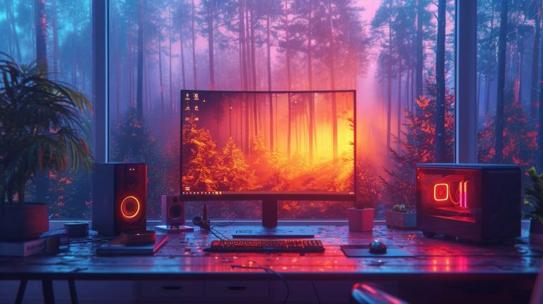 Computer Bedroom Interior with a Forest View – Cyberpunk Vibes