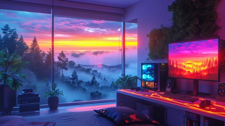 Computer Bedroom Interior with a Forest View – Cyberpunk Vibes