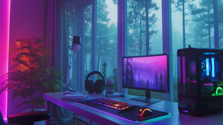 Computer Bedroom Interior with a Forest View – Cyberpunk Vibes