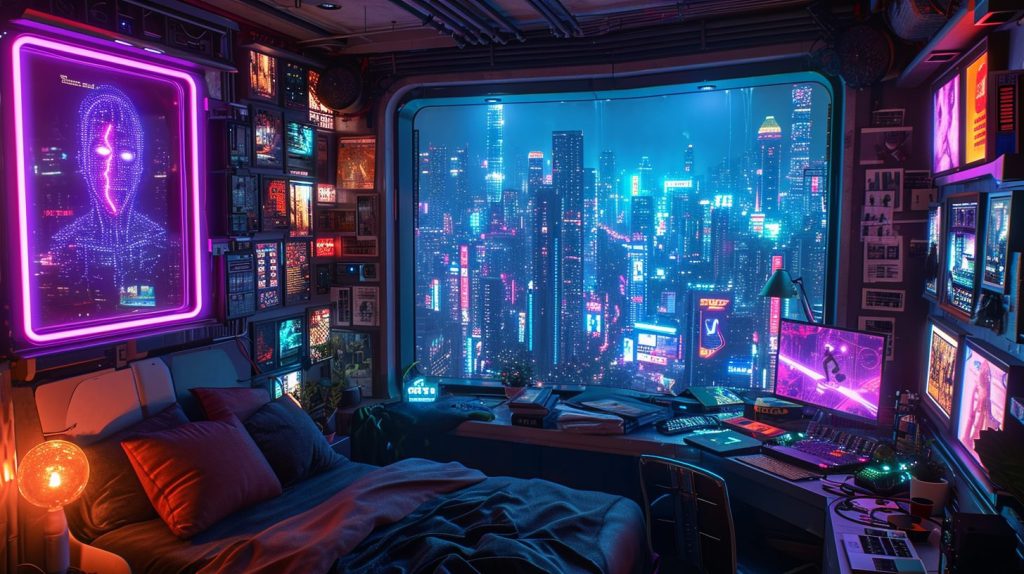 Cyberpunk Apartment Bedrooms with a City View AI Artwork 11