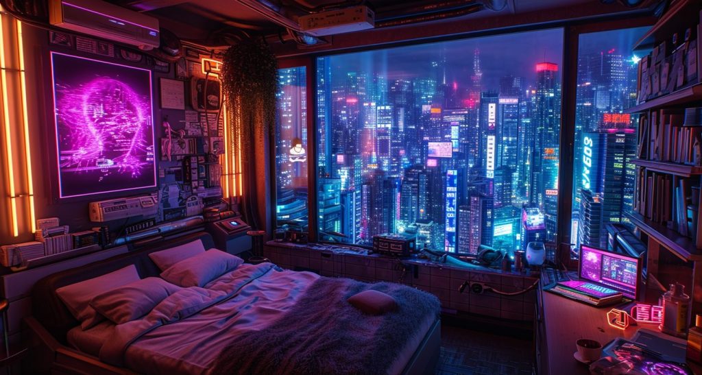Cyberpunk Apartment Bedrooms with a City View AI Artwork 12