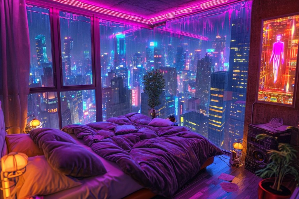 Cyberpunk Apartment Bedrooms with a City View AI Artwork 13