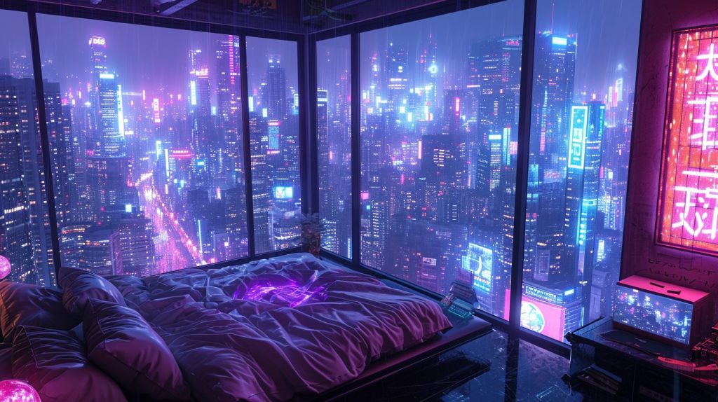 Cyberpunk Apartment Bedrooms with a City View AI Artwork 14