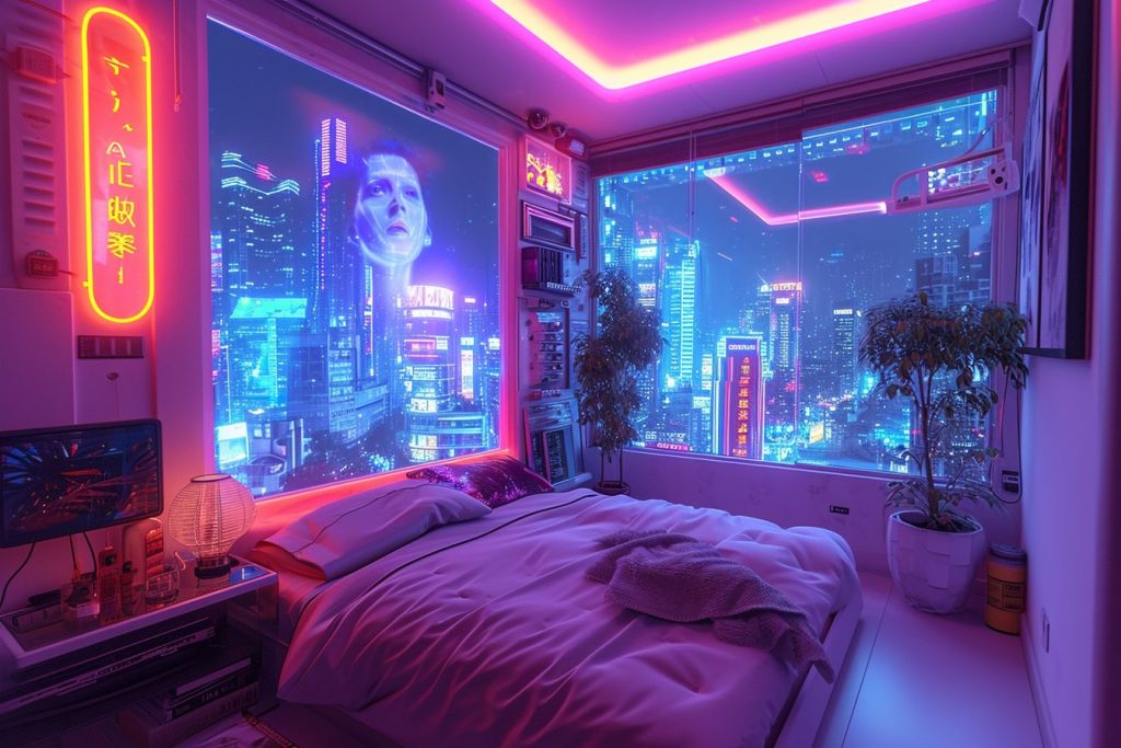 Cyberpunk Apartment Bedrooms with a City View AI Artwork 15