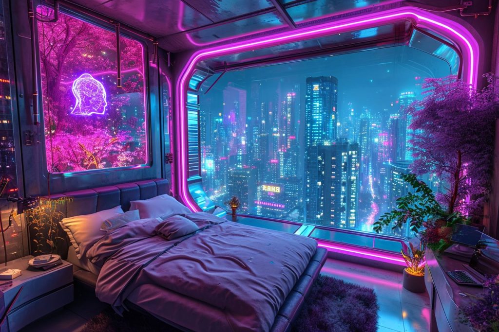 Cyberpunk Apartment Bedrooms with a City View AI Artwork 16
