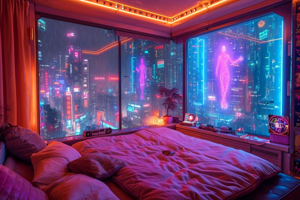 Cyberpunk Apartment Bedrooms with a City View AI Artwork 17