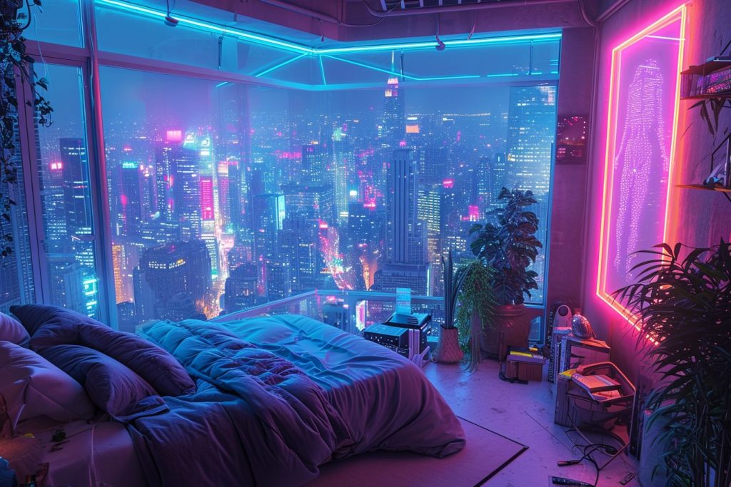 Cyberpunk Apartment Bedrooms with a City View AI Artwork 18