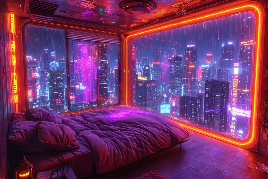 Cyberpunk Apartment Bedrooms with a City View AI Artwork 19