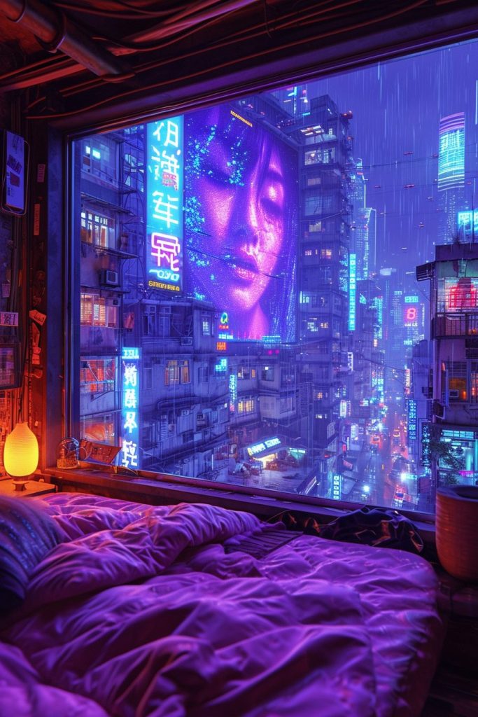 Cyberpunk Apartment Bedrooms with a City View AI Artwork 2