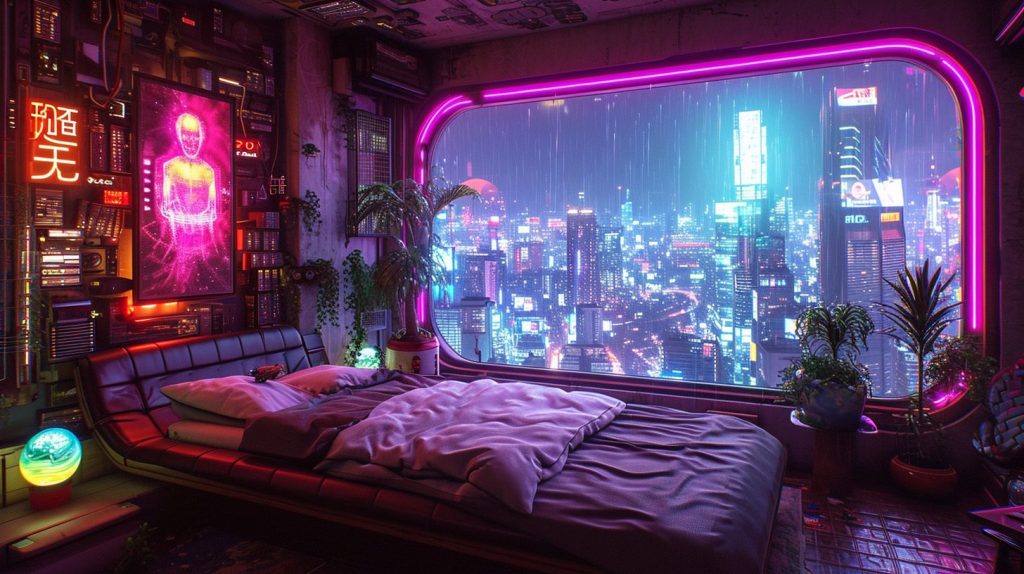 Cyberpunk Apartment Bedrooms with a City View AI Artwork 20
