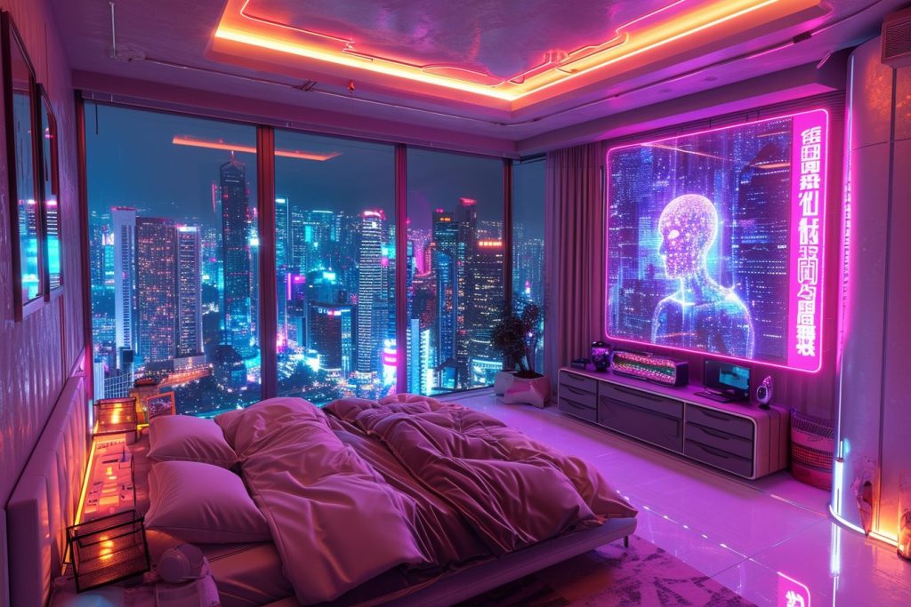 Cyberpunk Apartment Bedrooms with a City View AI Artwork 21